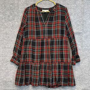 LOFT Dress Women's Small Red Black Plaid Tiered Long Sleeve V Neck Lined Swing